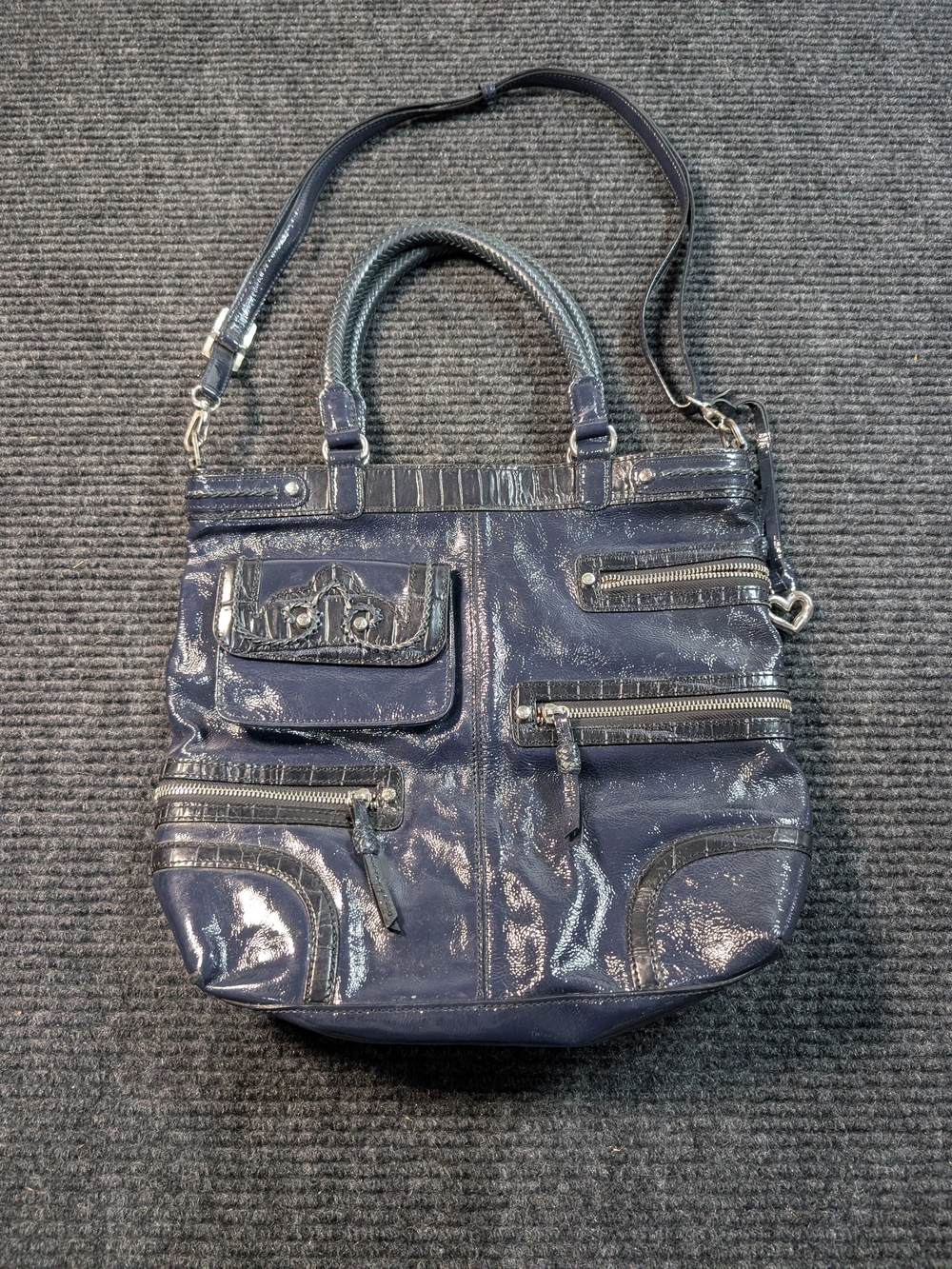 Brighton Navy Blue Patent Leather Croc Embossed Tote Bag Crossbody D598501